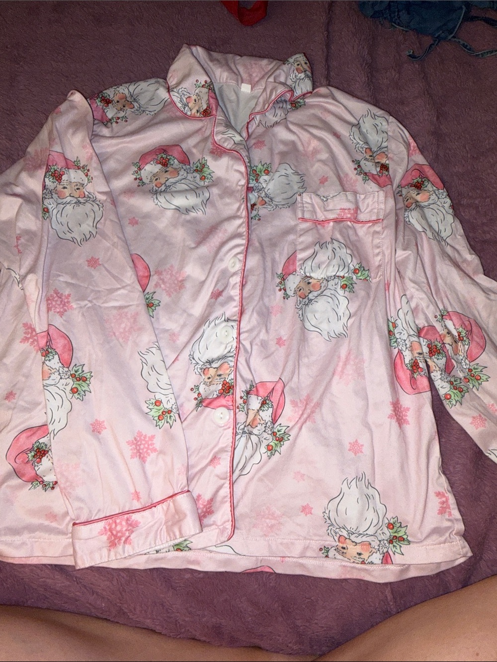 Pink Santa Print Pajama Top